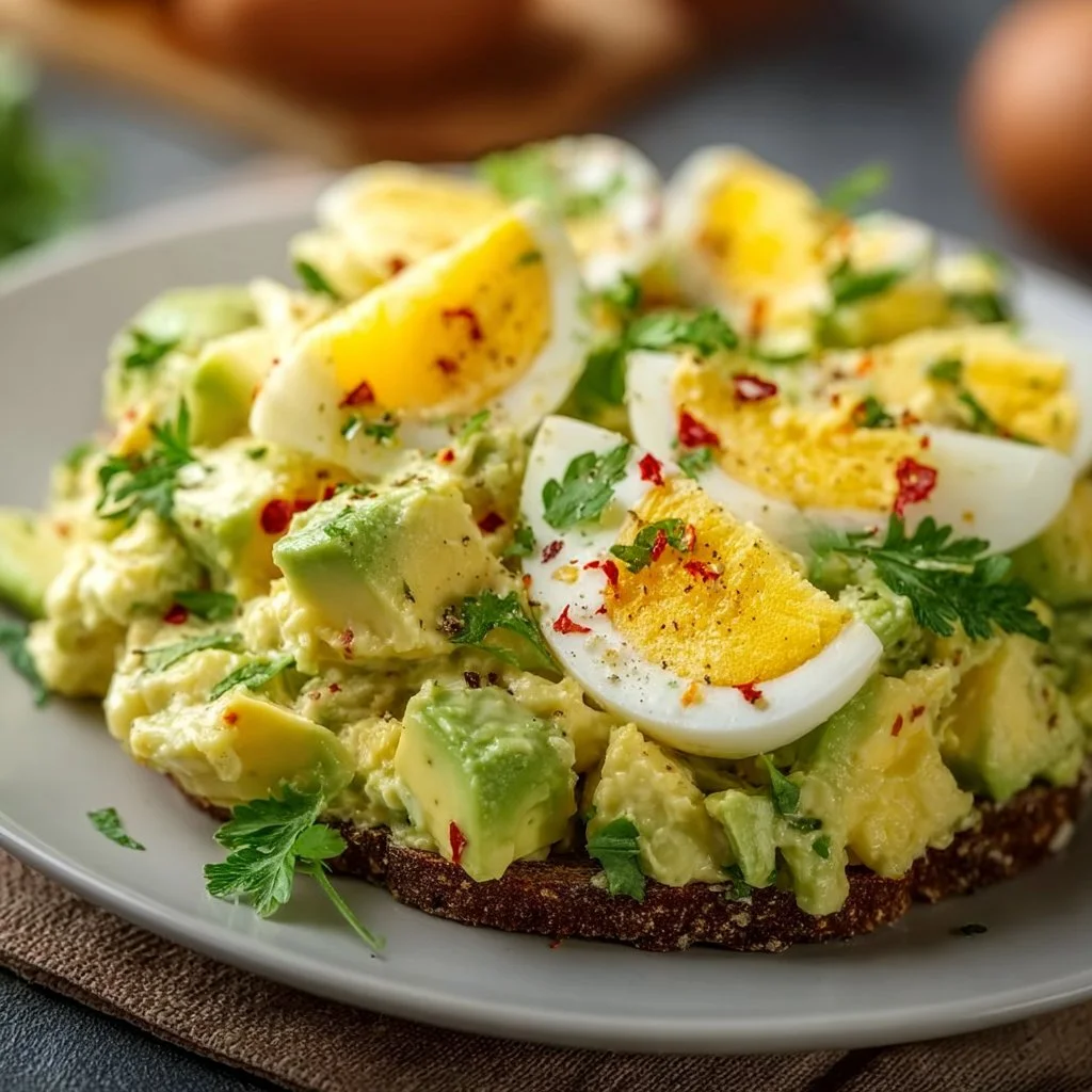 Zesty avocado egg salad in a bowl, garnished with herbs and spices.