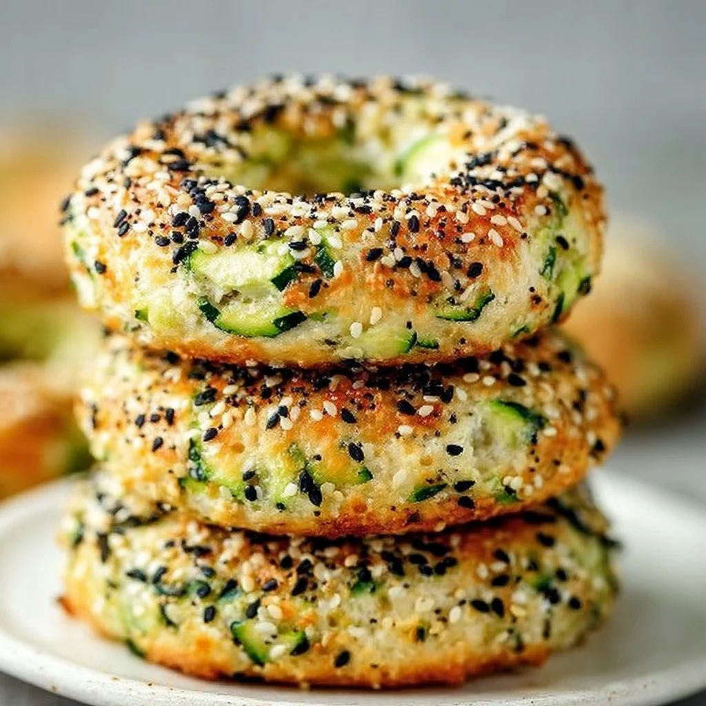 Homemade zucchini bagels topped with seeds and herbs