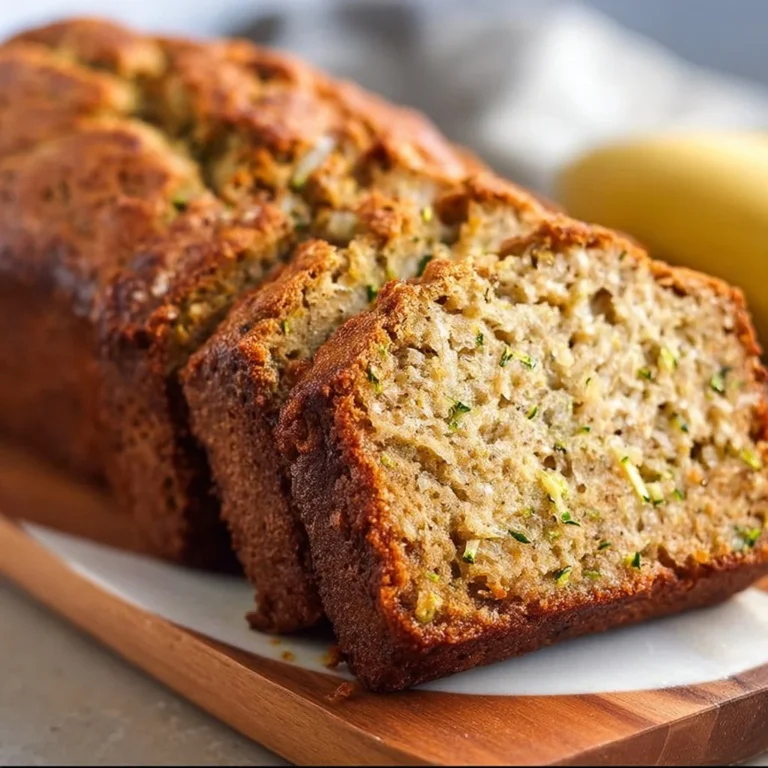 Moist and healthy zucchini banana bread sliced on a wooden board.