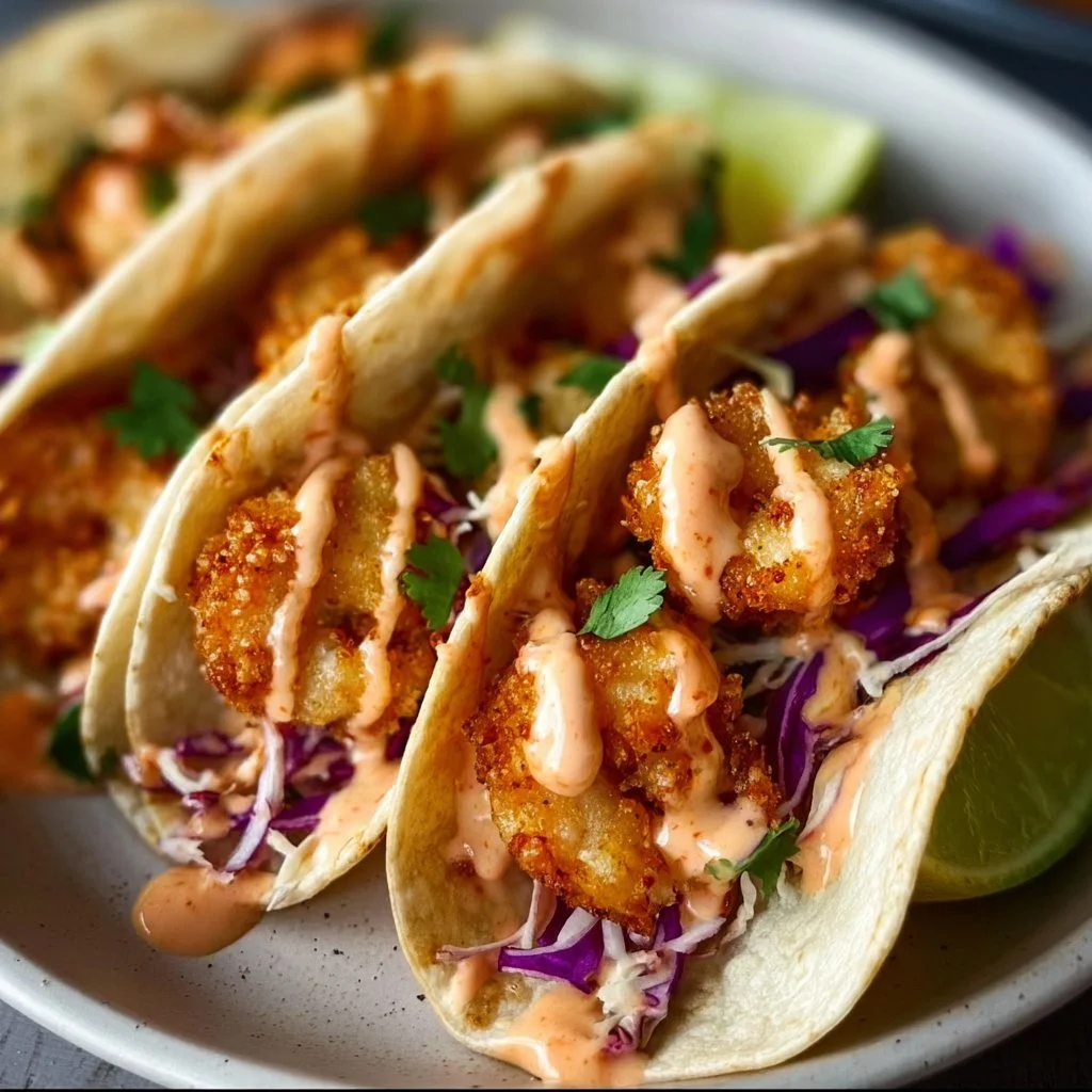Delicious Air Fryer Bang Bang Shrimp Tacos served on a plate