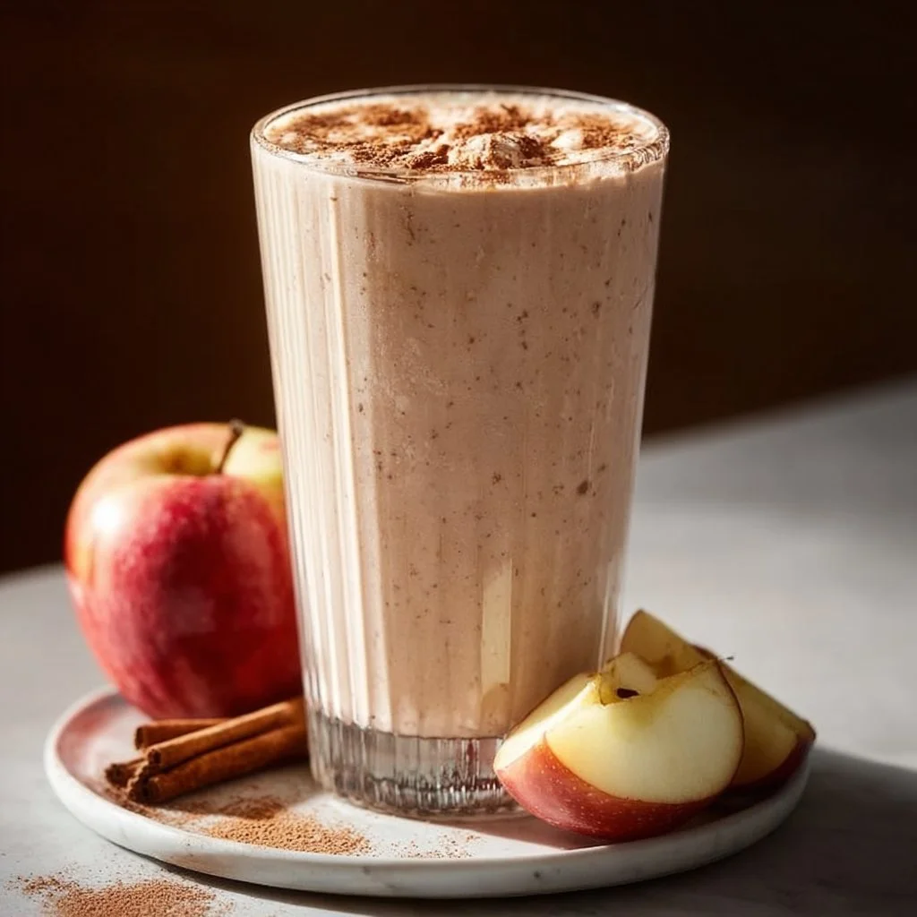 Apple Pie Cinnamon Protein Smoothie in a glass topped with an apple slice.