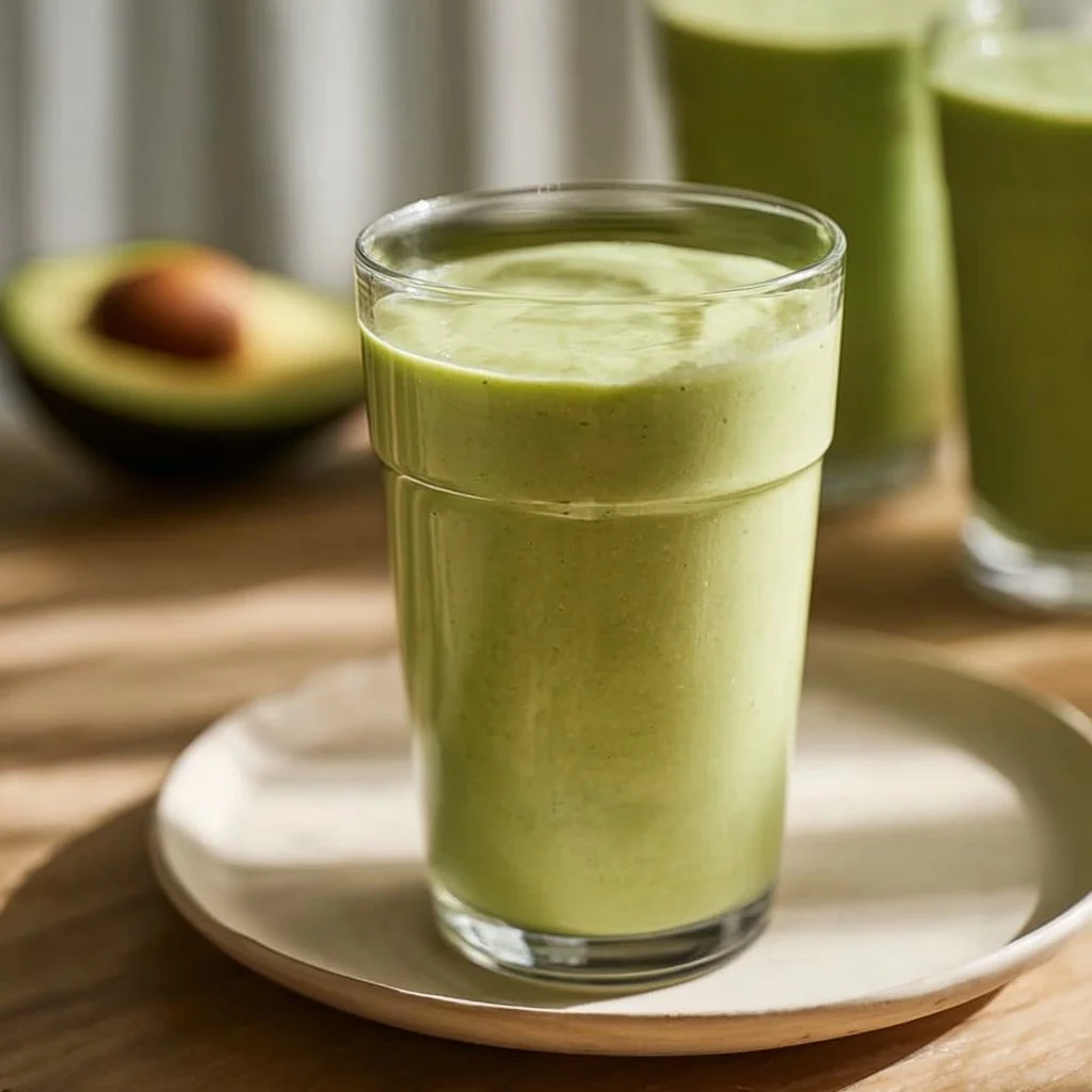 Delicious and creamy avocado smoothie in a glass, garnished with fresh fruits.