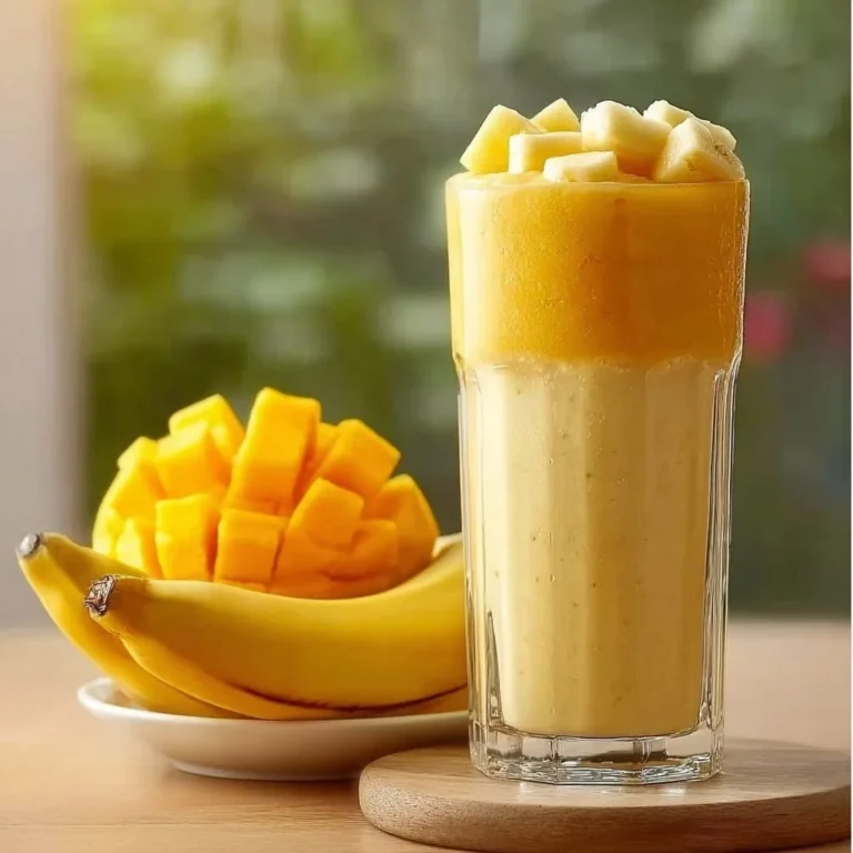 Delicious Banana Mango Pineapple Smoothie in a glass with fresh fruit around it