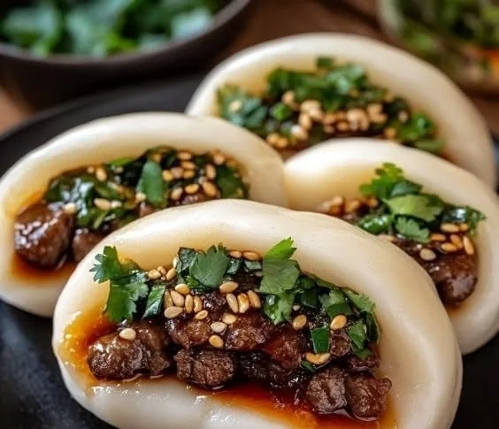 Delicious Beef Bao Buns served on a plate, showcasing their fluffy texture and savory filling.