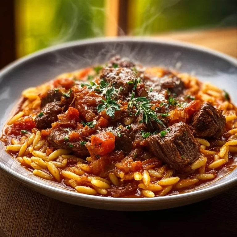 Plate of Beef Giouvetsi with tender beef, orzo, and herbs in a rich sauce