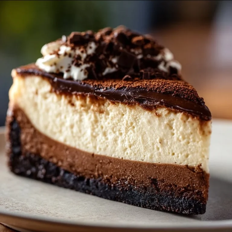 Slice of best brownie cheesecake with chocolate drizzle on top.
