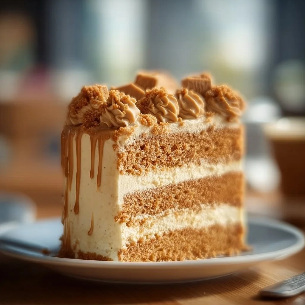 Delicious Biscoff Cake topped with Lotus Biscoff cookies and creamy frosting