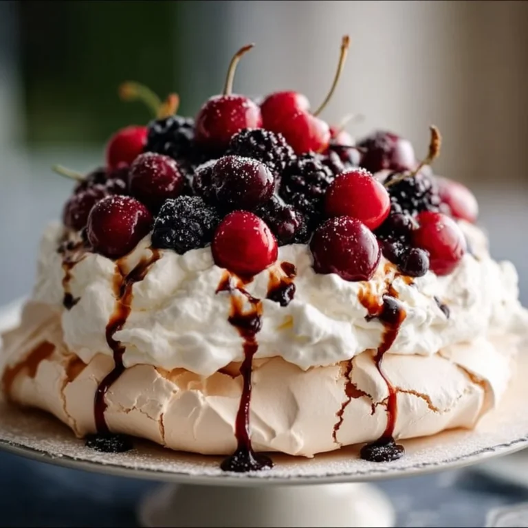 Delicious Black Forest Pavlova topped with chocolate and cherries