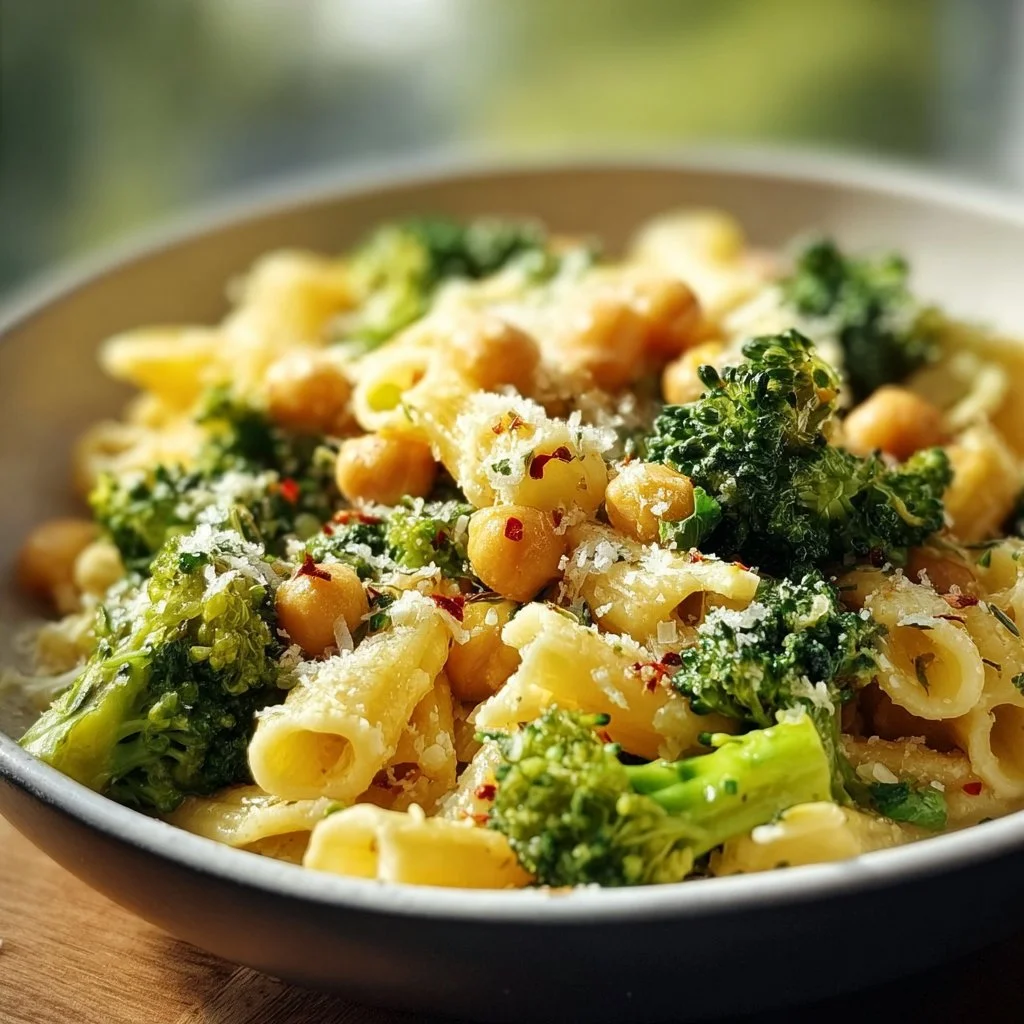 Plate of Broccoli Chickpea Pasta garnished with fresh herbs and spices