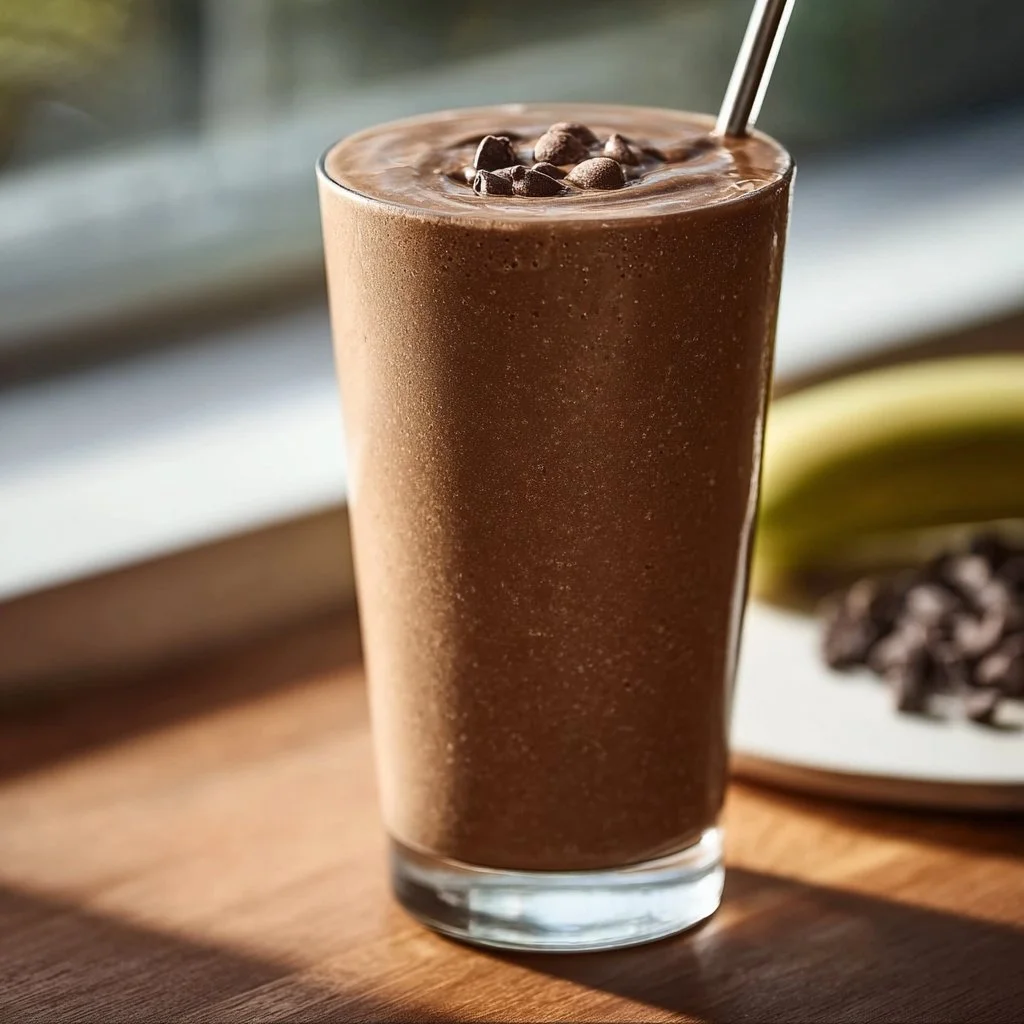 Delicious brownie batter protein shake in a glass with chocolate sprinkles