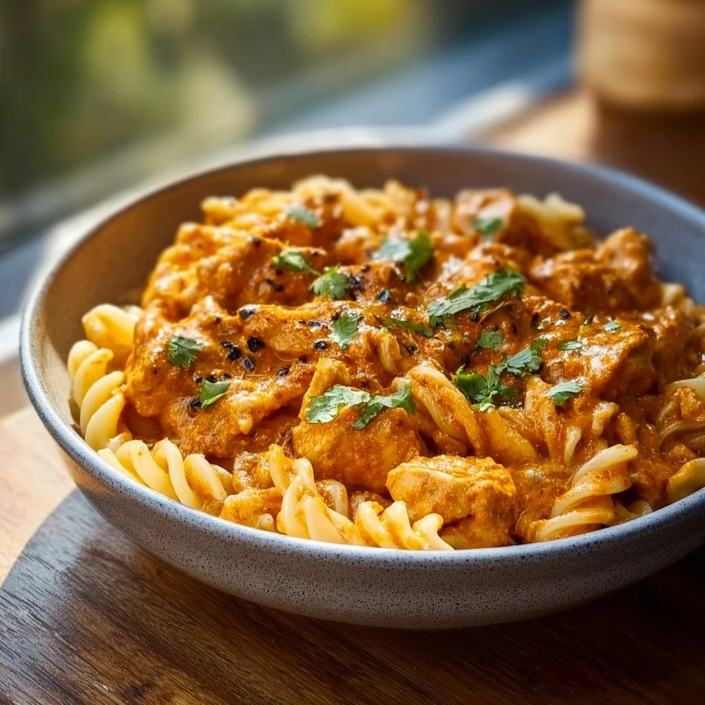 Creamy Butter Chicken Pasta with spices and herbs served in a bowl