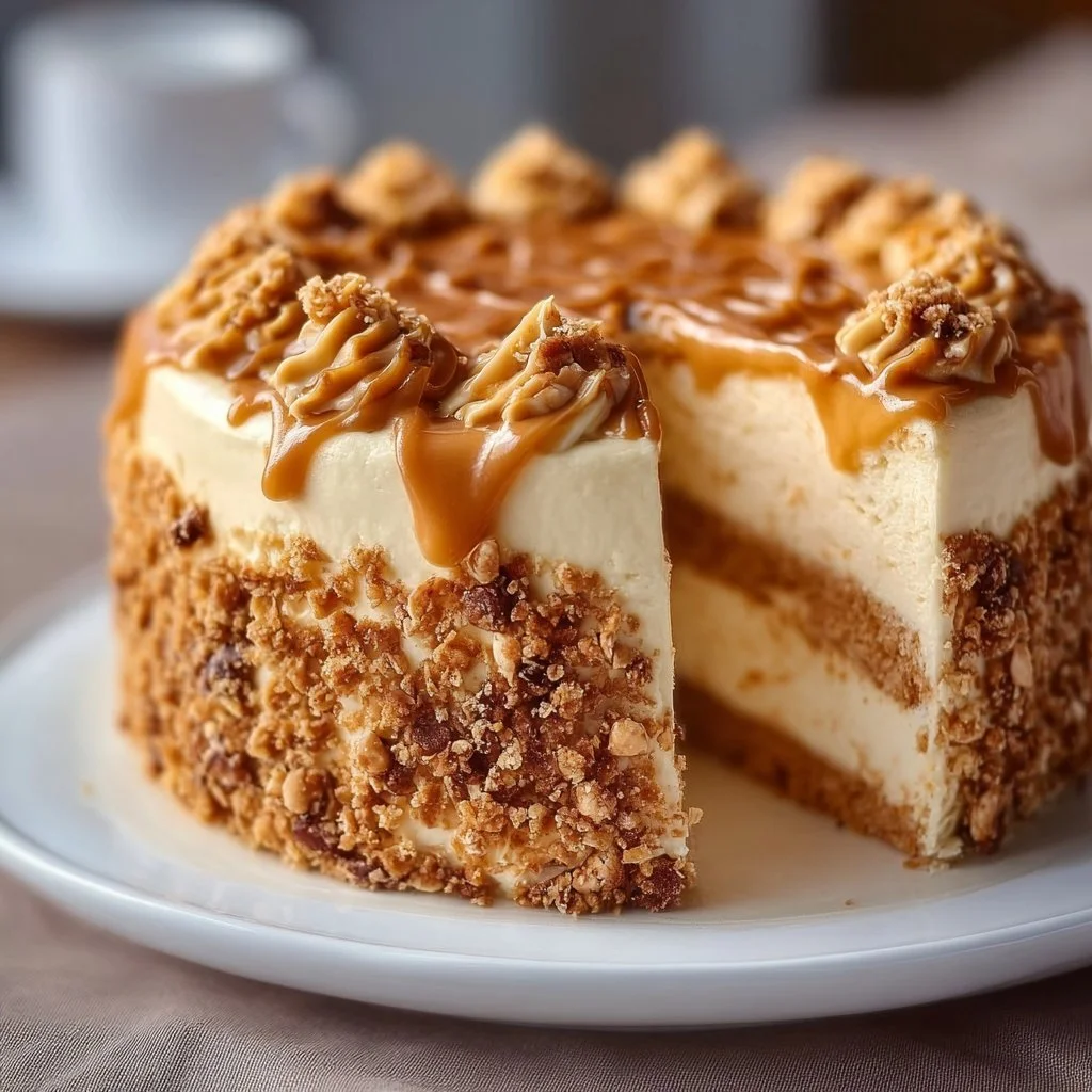 Delicious Butterscotch Crunch Cake served with a caramel drizzle