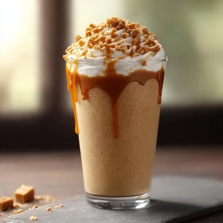 Caramel Ribbon Crunch Frappe topped with caramel drizzle and crunchy bits