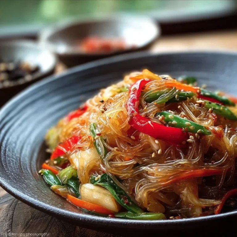 Delicious Chinese glass noodle stir-fry with colorful vegetables and protein