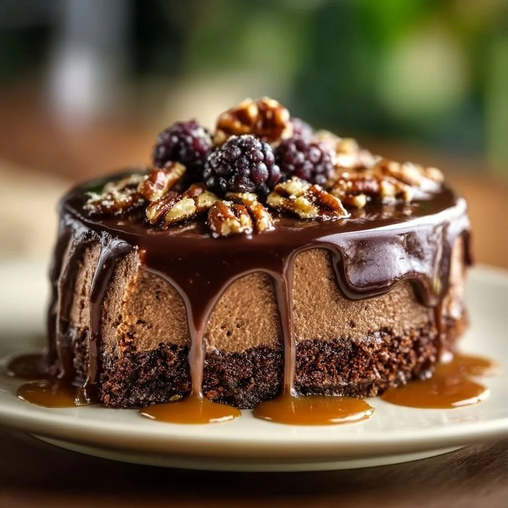 Delicious Chocolate Caramel Pecan Cake topped with caramel and pecans