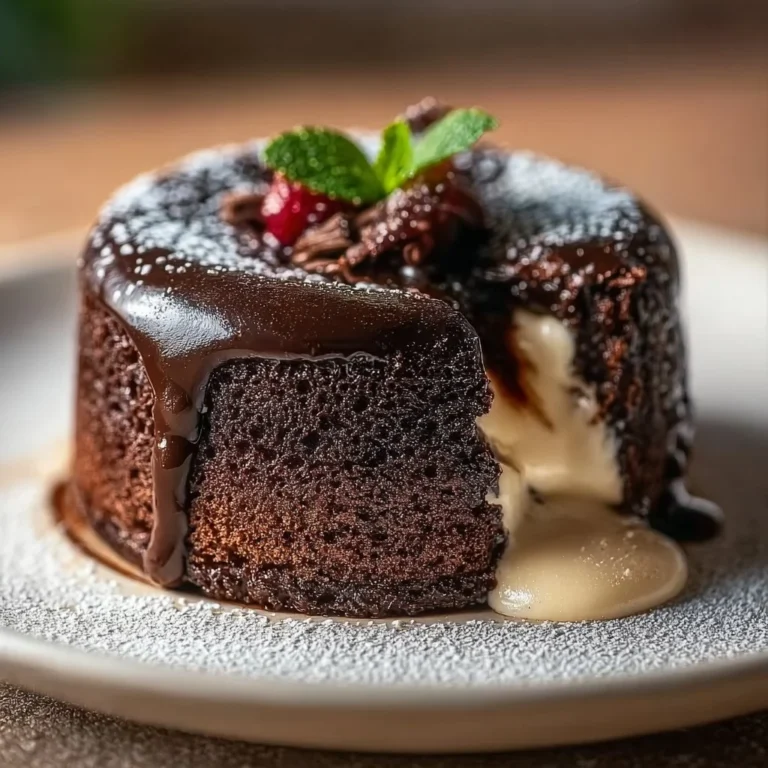 Deliciously melted center of a rich Chocolate Lava Cake served with vanilla ice cream.