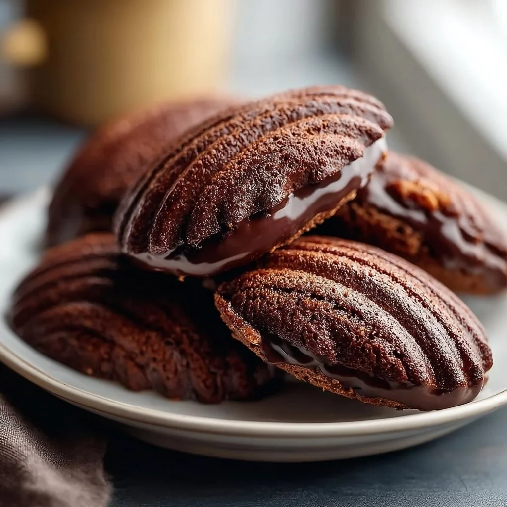 Delicious chocolate madeleines on a plate, showcasing their rich and fluffy texture.