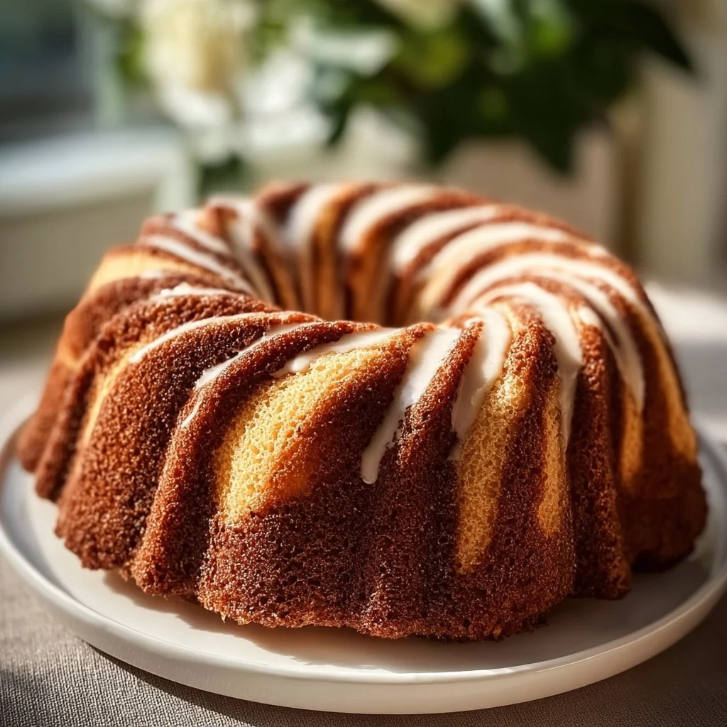 Deliciously moist Cinnamon Swirl Bundt Cake served on a decorative plate.