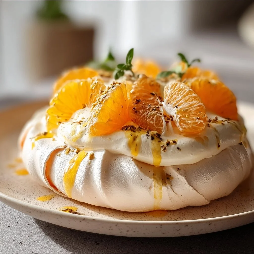 Delicious Citrus Pavlova topped with fresh citrus fruits and whipped cream