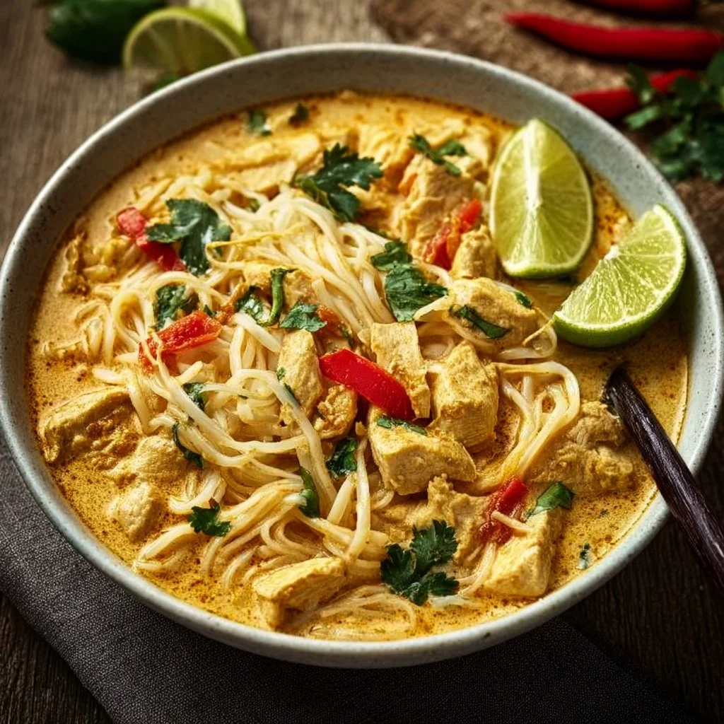 Bowl of Coconut Curry Chicken Noodles garnished with herbs and spices