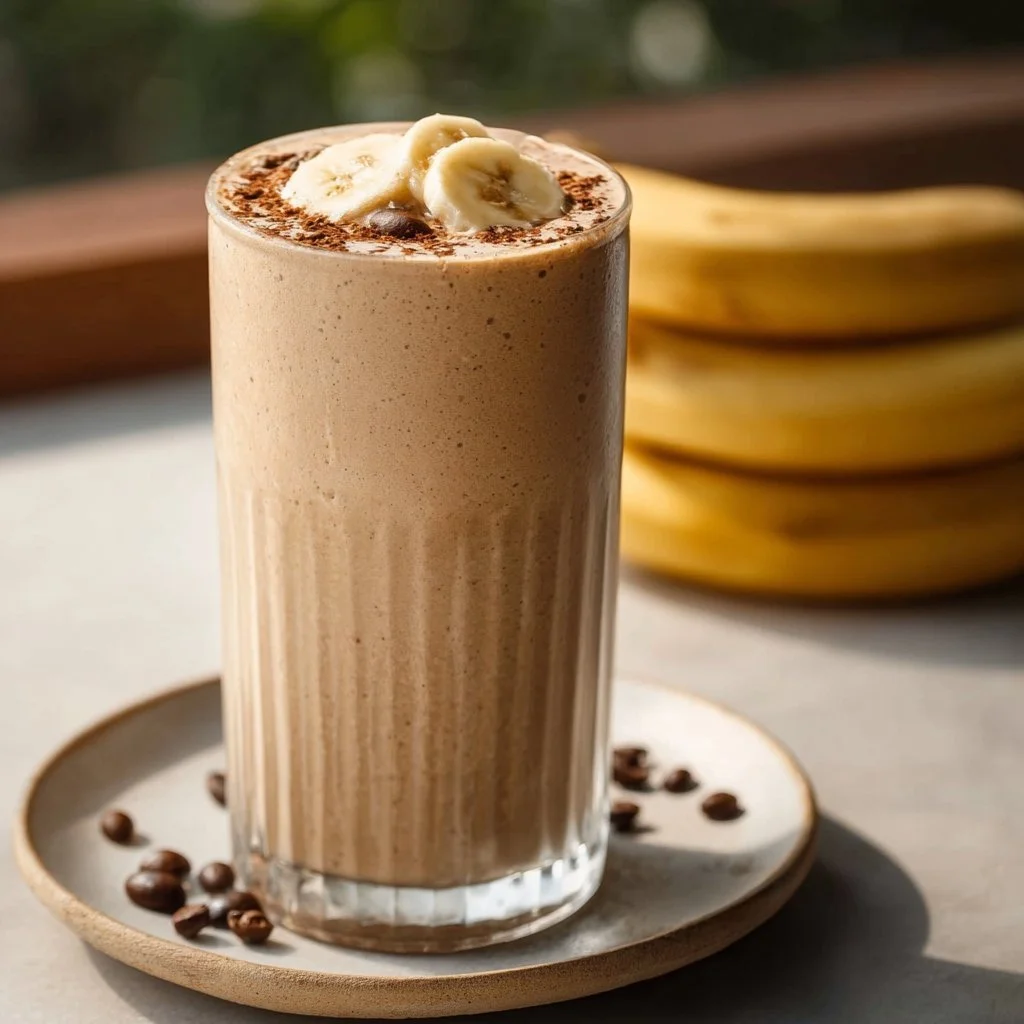 Coffee Banana Protein Smoothie in a glass with a banana and coffee beans