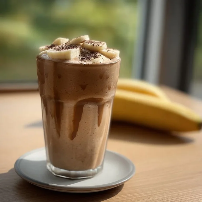 Delicious Coffee Banana Smoothie in a glass, topped with a banana slice.