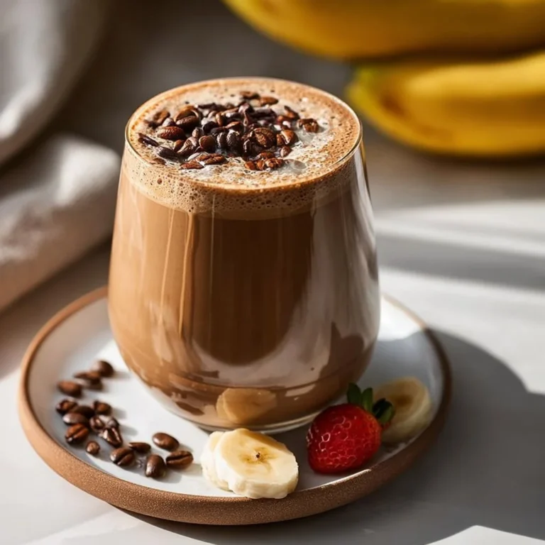 Delicious coffee breakfast smoothie served in a glass with fresh ingredients