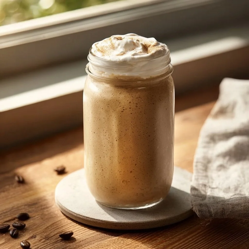 Coffee protein smoothie with yogurt in a glass, garnished with coffee beans and berries