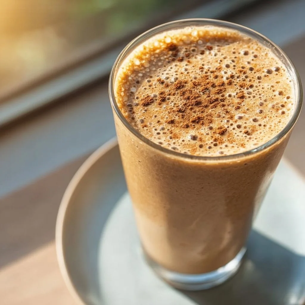 A refreshing coffee smoothie topped with whipped cream and cocoa powder