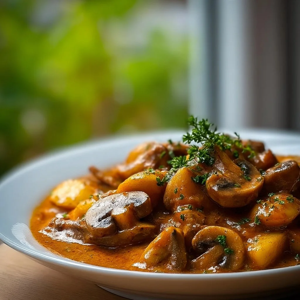 Creamy Hungarian Mushroom Paprikash served in a cozy bowl with herbs.
