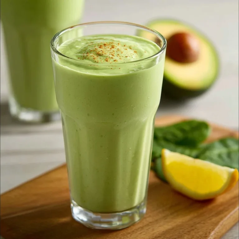 Creamy avocado spinach smoothie in a glass with a green garnish.