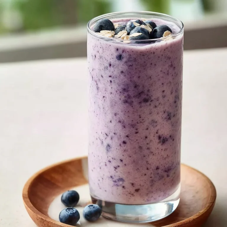 Creamy blueberry oatmeal smoothie in a glass with fresh blueberries on top.