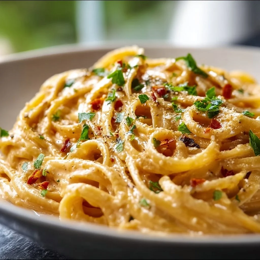 Creamy Cajun linguine dish with spices and seafood garnished on a plate