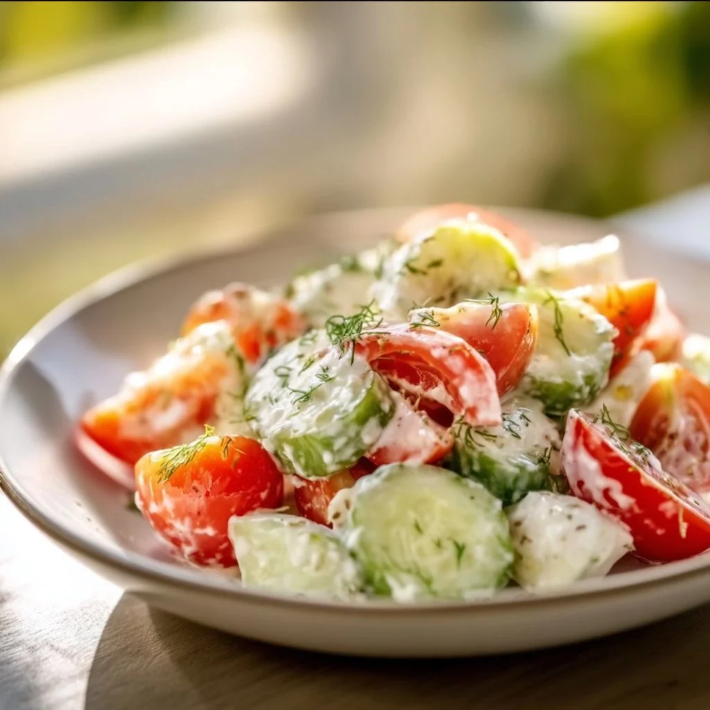 Creamy cucumber tomato salad with fresh ingredients in a bowl