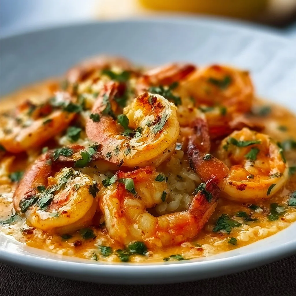 Creamy garlic-paprika shrimp served on a plate with parsley garnish.