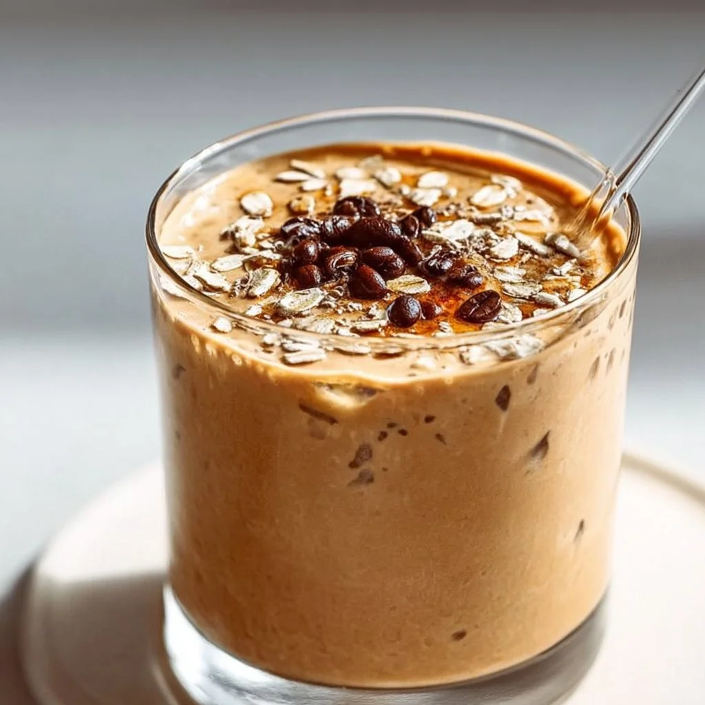 Creamy iced coffee breakfast smoothie in a glass with coffee beans and ice cubes