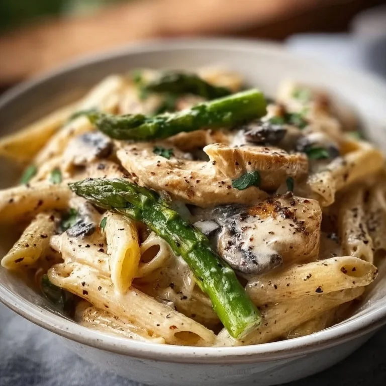 Creamy mushroom and asparagus chicken penne served in a bowl.