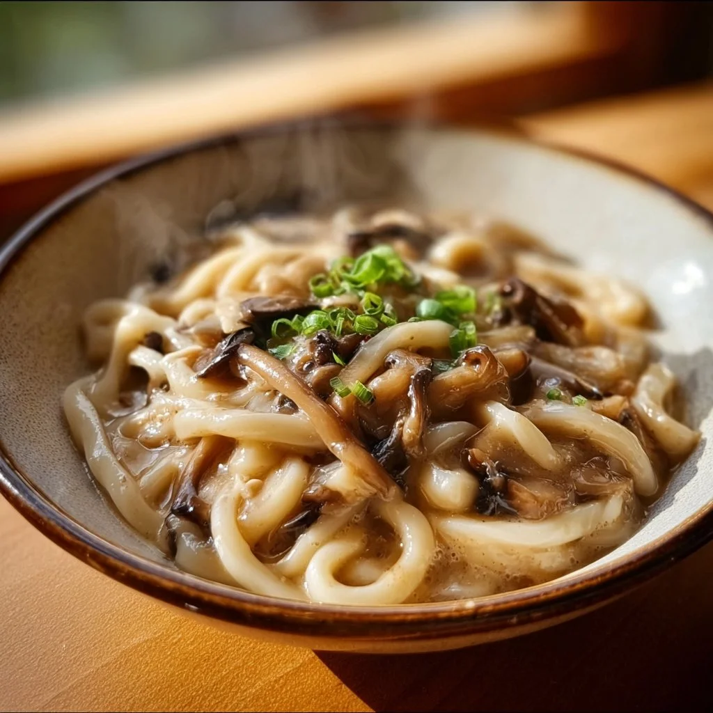 Creamy mushroom udon dish with rich sauce and fresh mushrooms