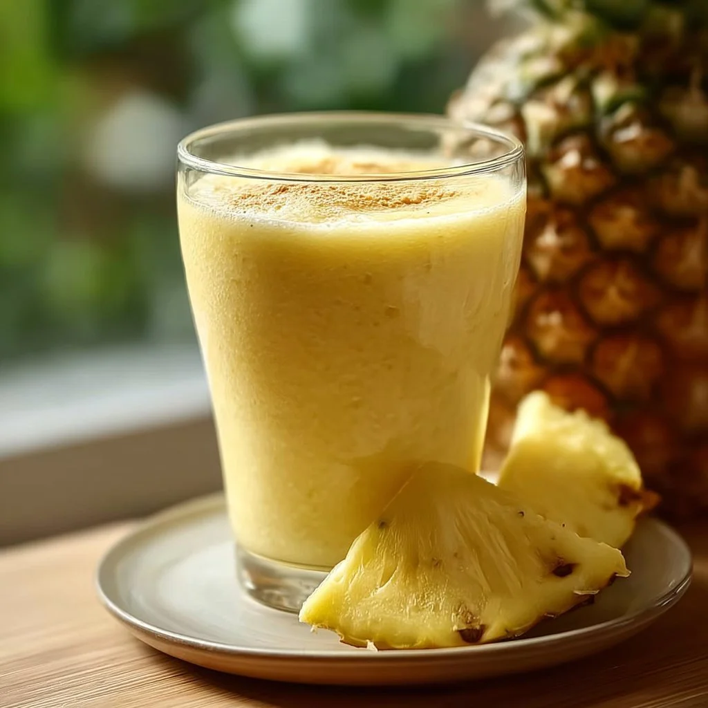 Creamy pineapple smoothie in a glass with fresh pineapple slices