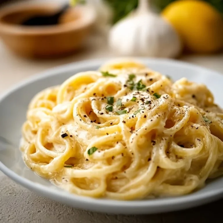 Creamy roast garlic and lemon pasta sauce poured over spaghetti
