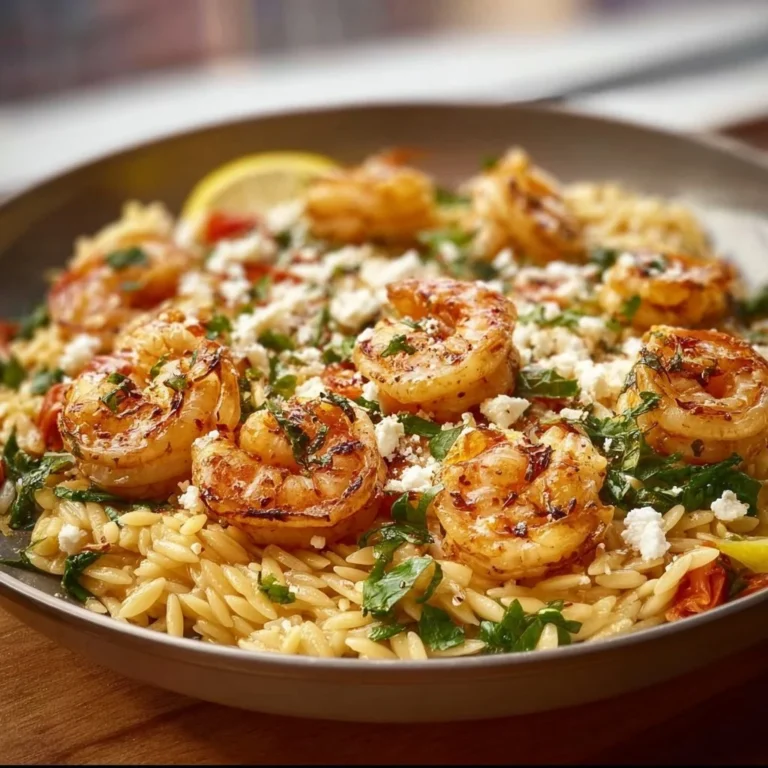 Creamy shrimp orzo with lemon and feta served in a bowl