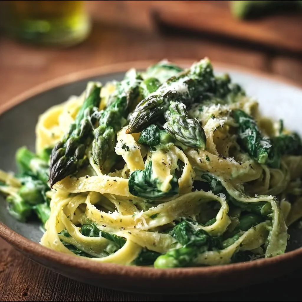 Creamy Spinach and Asparagus Fettuccine