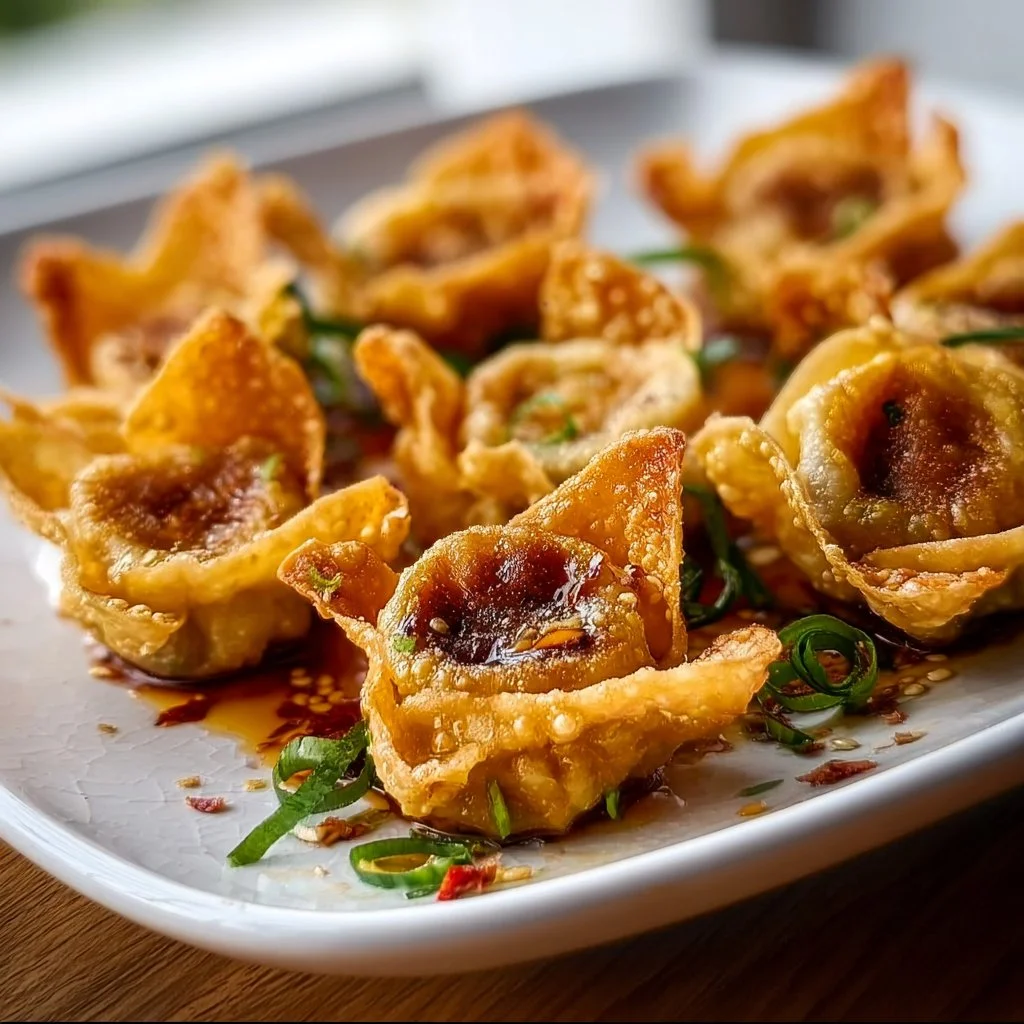 Plate of crispy curry vegetable wontons served with dipping sauce