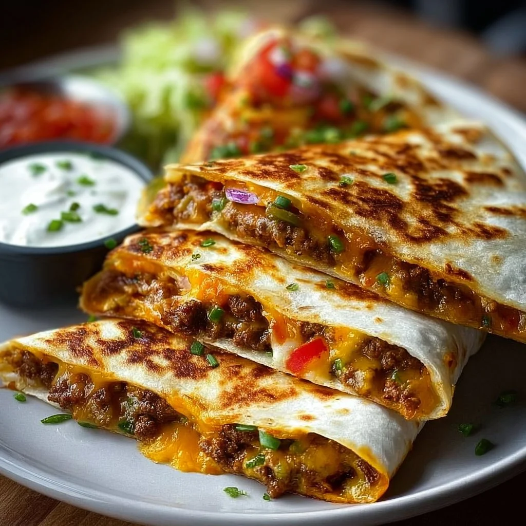 Crispy Mexican smashburger quesadillas served with salsa and toppings.