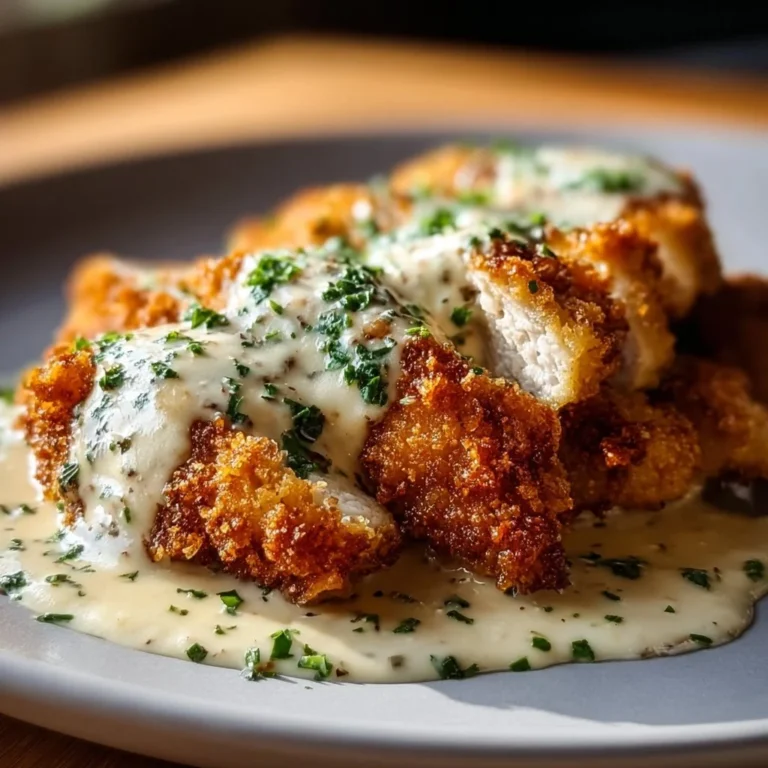 Crispy Parmesan Chicken served with creamy garlic sauce on a plate