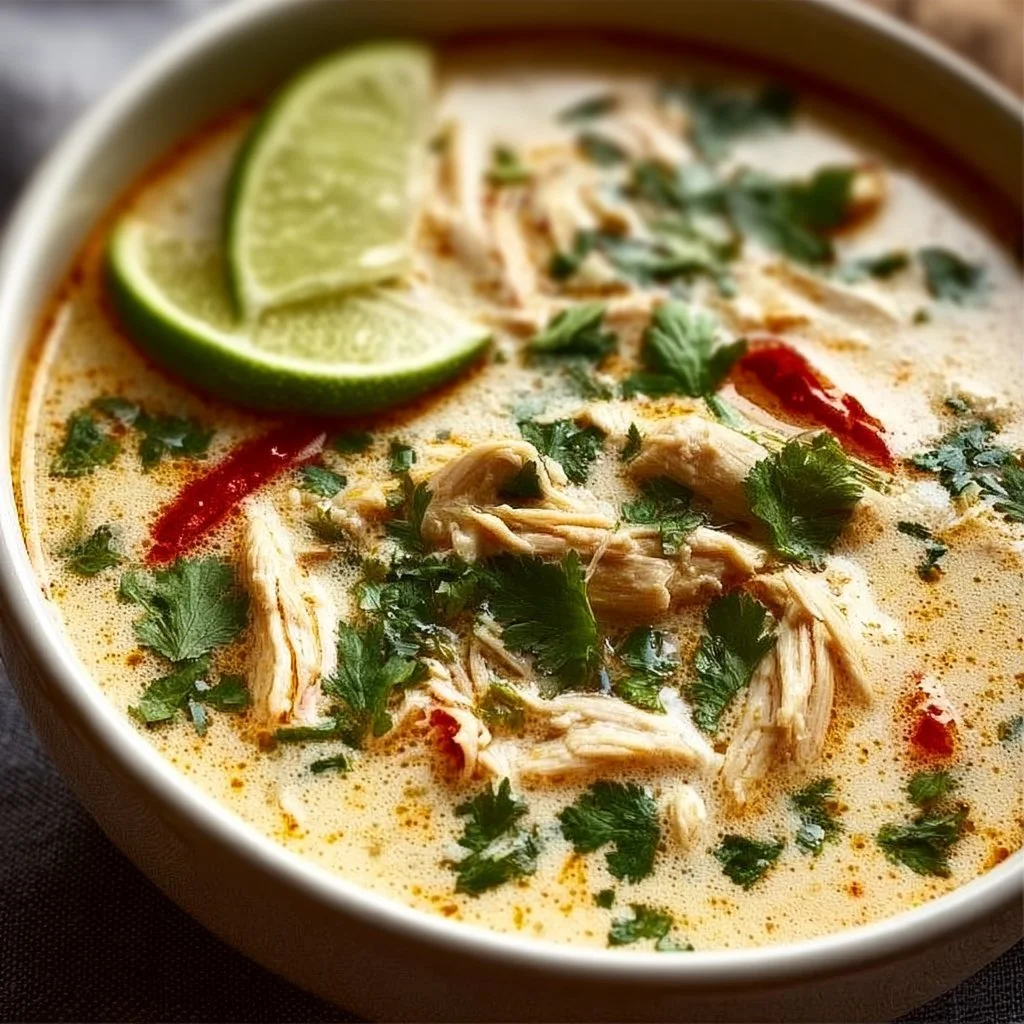 Bowl of Crockpot Thai Coconut Chicken Soup with vibrant ingredients