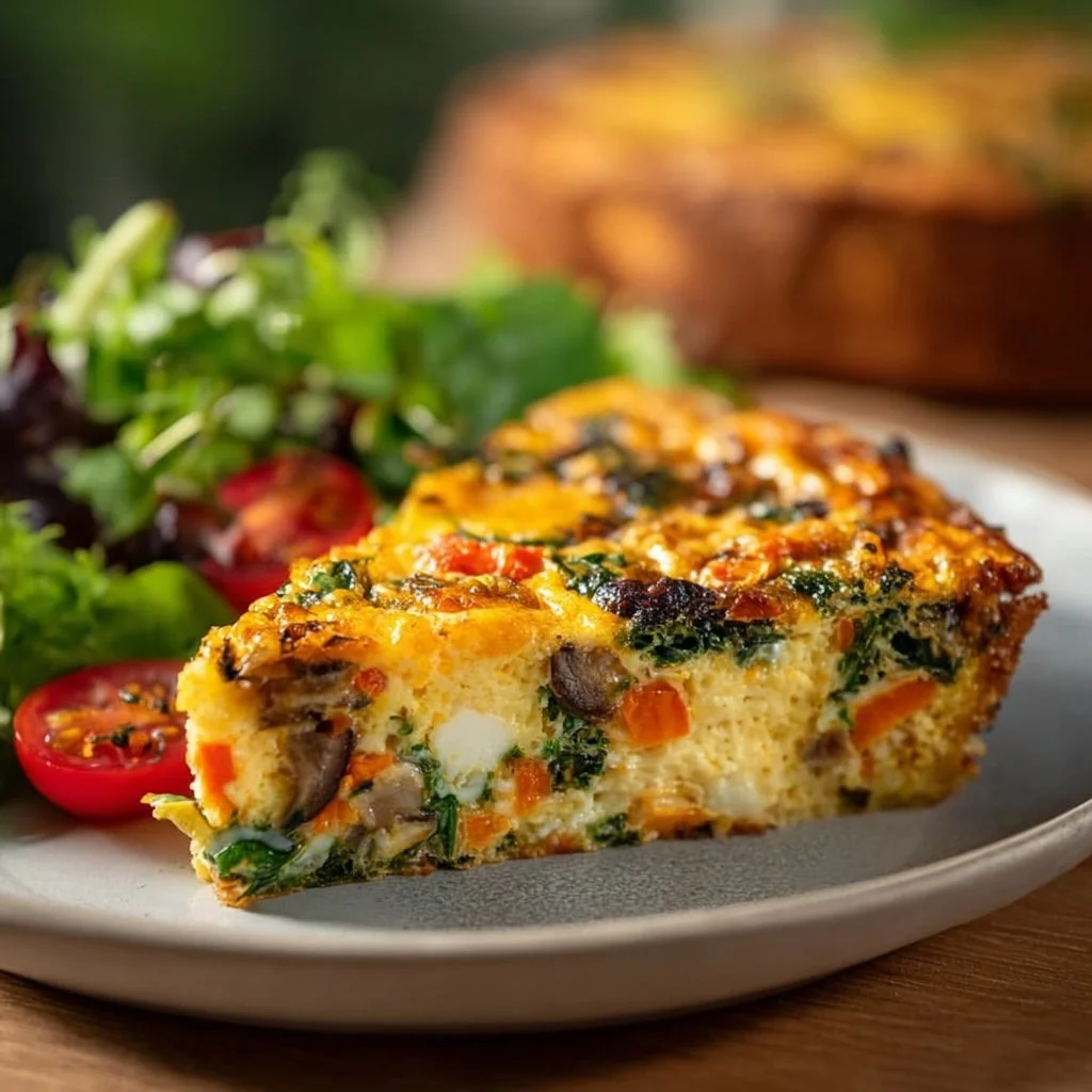 Slice of crustless veggie quiche with colorful vegetables on a plate