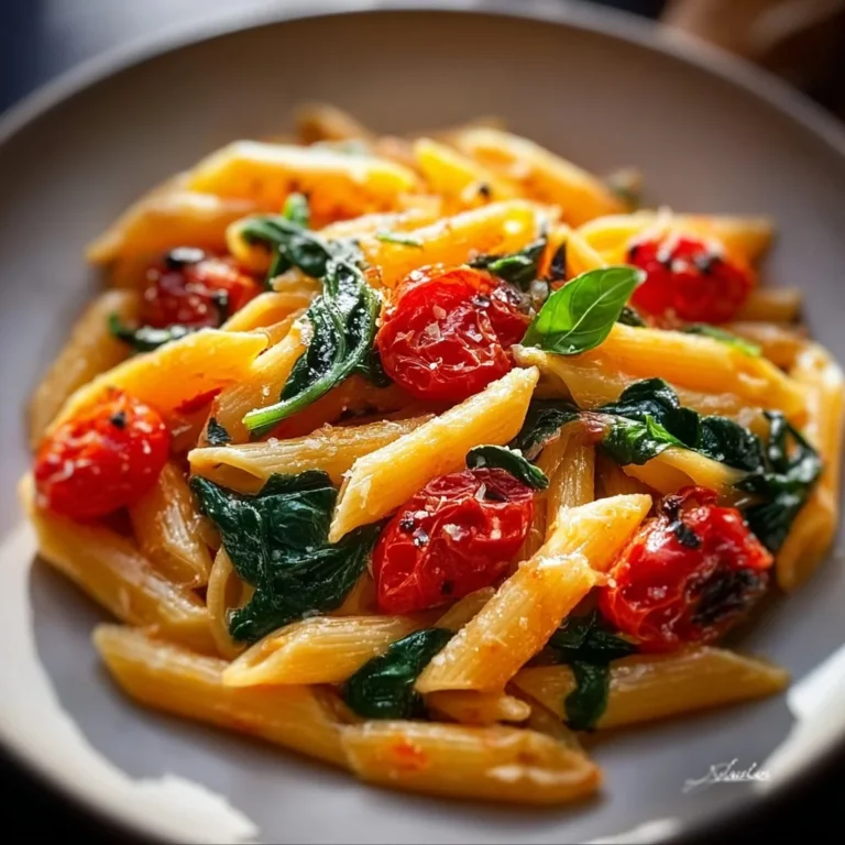 A bowl of delicious spinach tomato pasta garnished with fresh herbs and cheese.