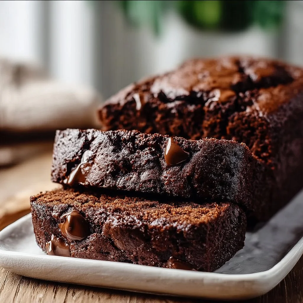 Double chocolate banana bread loaf fresh from the oven
