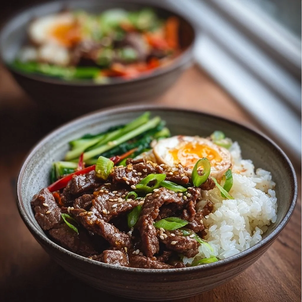 Delicious easy beef bulgogi bowl with vegetables and rice